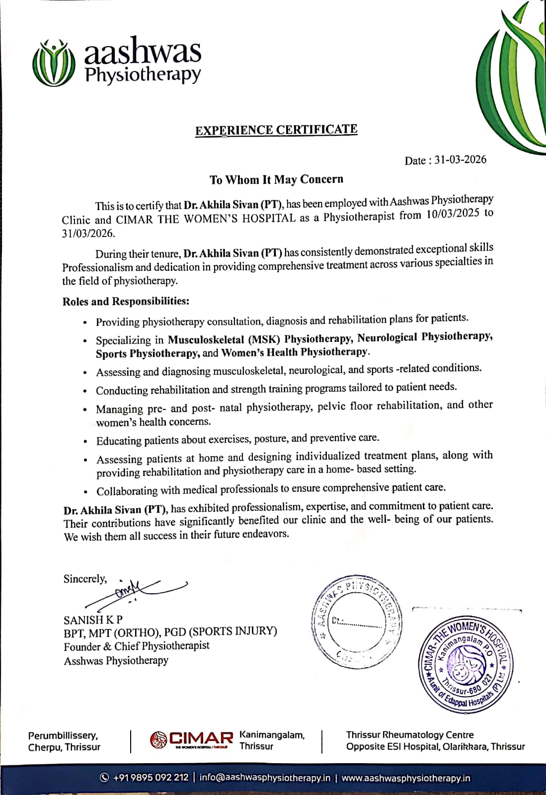 Experience Certificate - Dr. Akhila Sivan, Aashwas Physiotherapy & CIMAR
