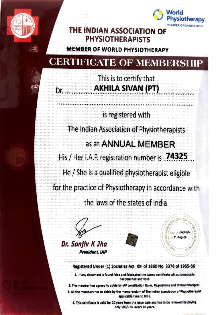 IAP Membership Certificate - Dr. Akhila Sivan (PT), Indian Association of Physiotherapists