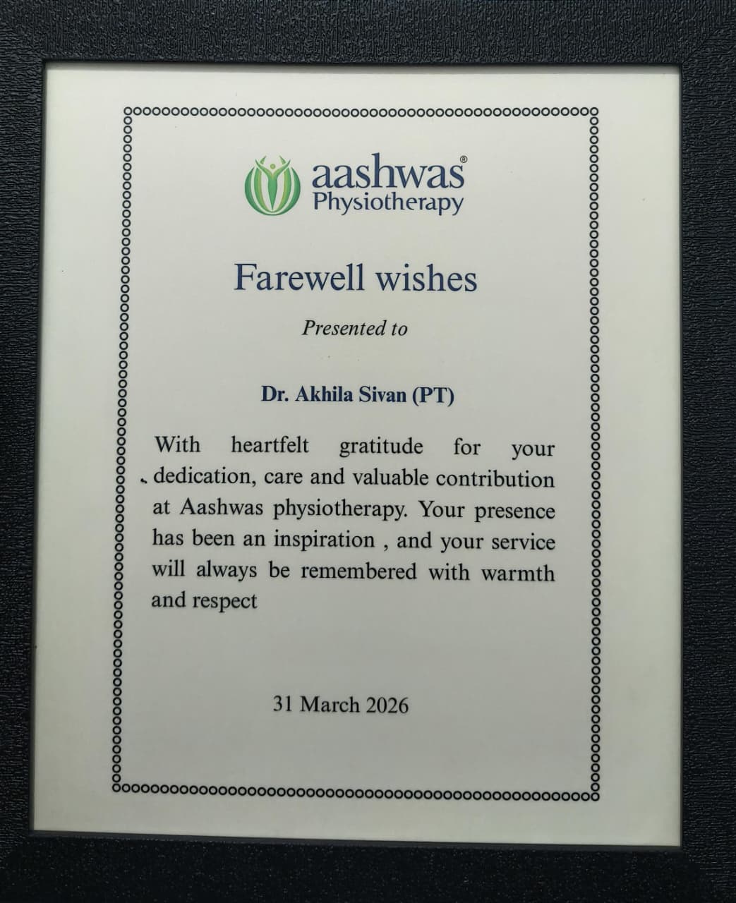 Farewell Recognition - Dr. Akhila Sivan, Aashwas Physiotherapy